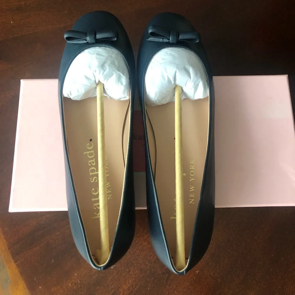 NEW Kate Spade Kiersten Bow Leather Navy Round Toe Ballet Flats Shoes Size 9